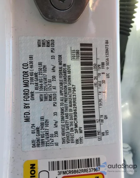 2024 Ford Bronco Sport Big Bend z USA, uszkodzony, nr VIN 3FMCR9B62RRE37967